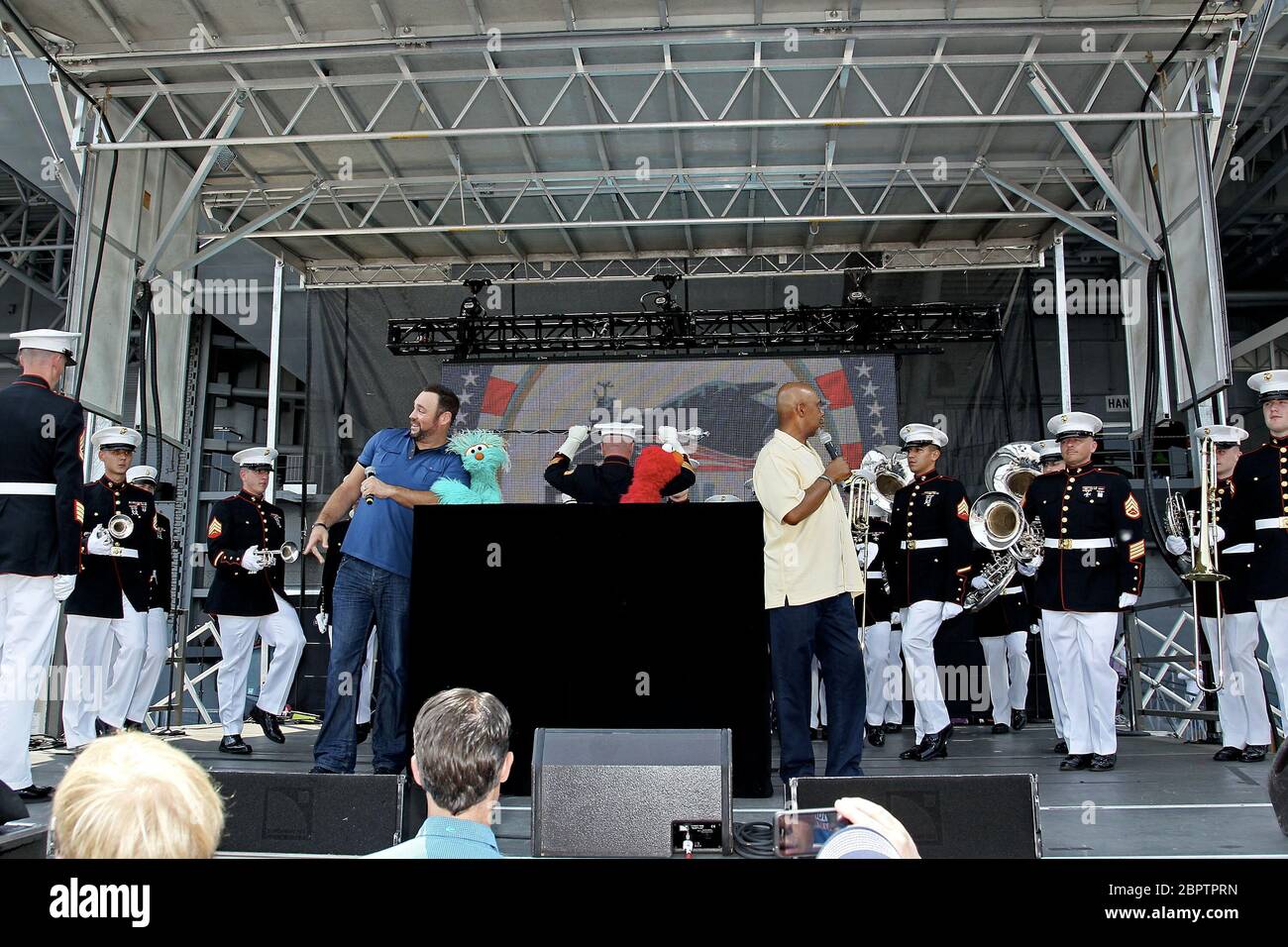 New York, NY, USA. 26 May, 2012. Matt Rogers, Rosita, Elmo, Roscoe Orman, aka, Gordon Robinson, and, the Quantico Marine Corps Band, perform at the Sesame Workshop's 'Little Children, Big Challenges' Outreach Launch at the Intrepid Sea-Air-Space Museum. Credit: Steve Mack/Alamy Stock Photo