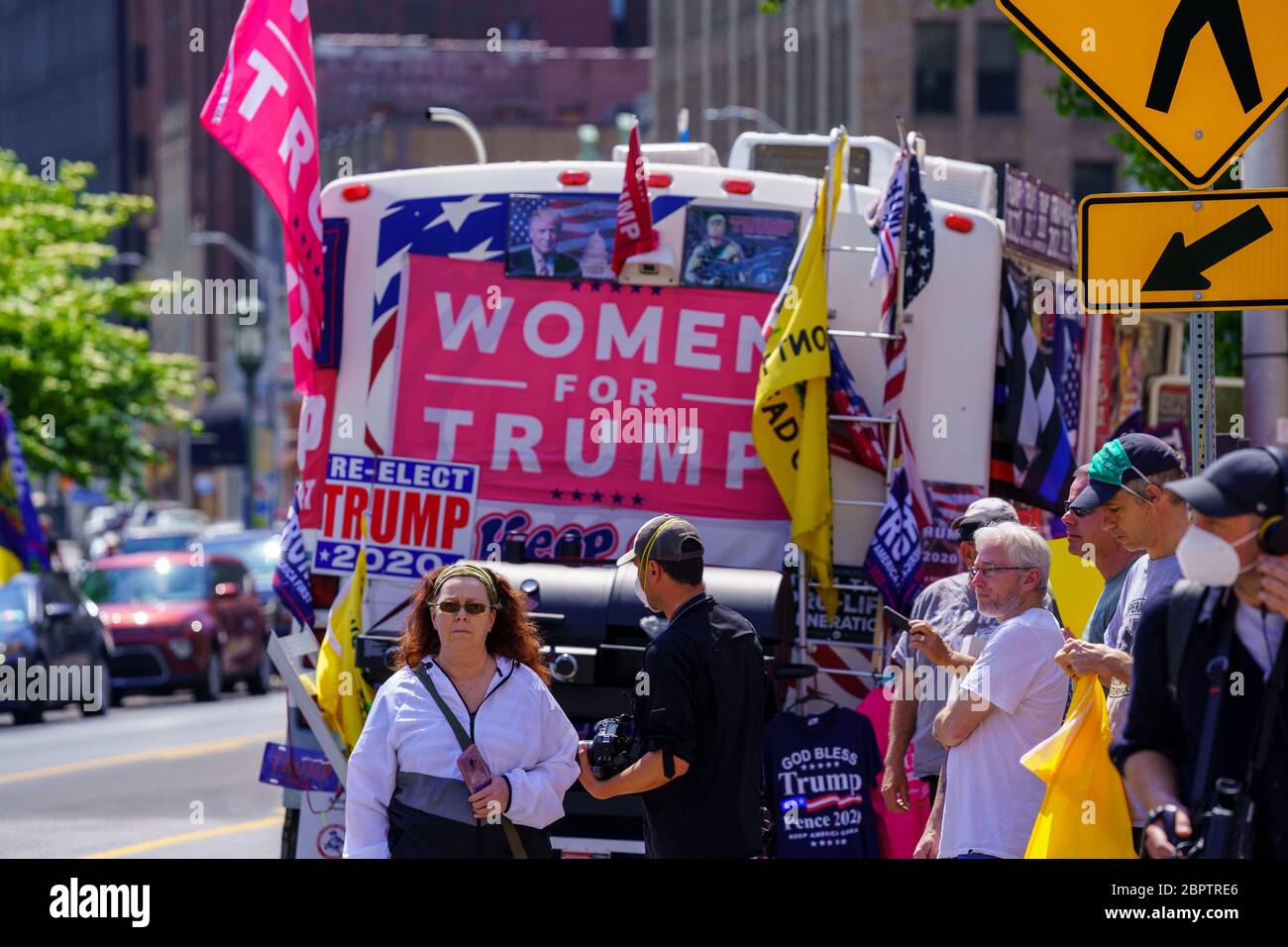 Harrisburg, PA / USA - May 15, 2020: A large RV parked along a street at the capitol building displays Trump 2020 campaign signs. Stock Photo