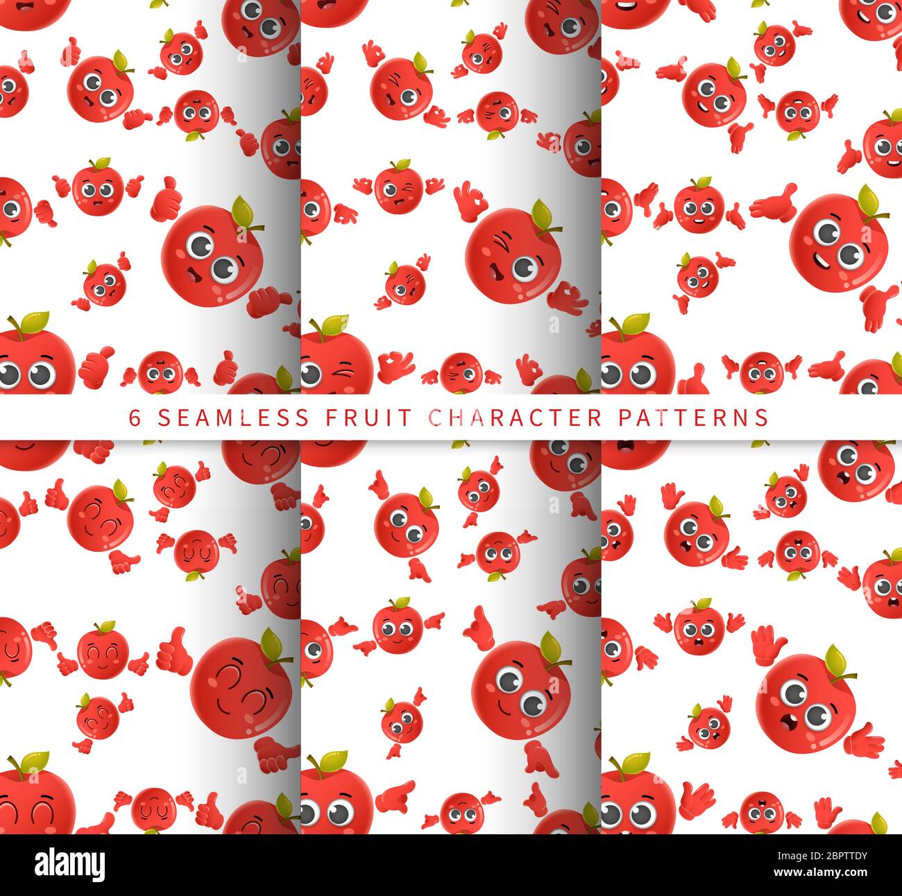 Set of vector seamless pattern with cute cartoon apple fruit characters ...