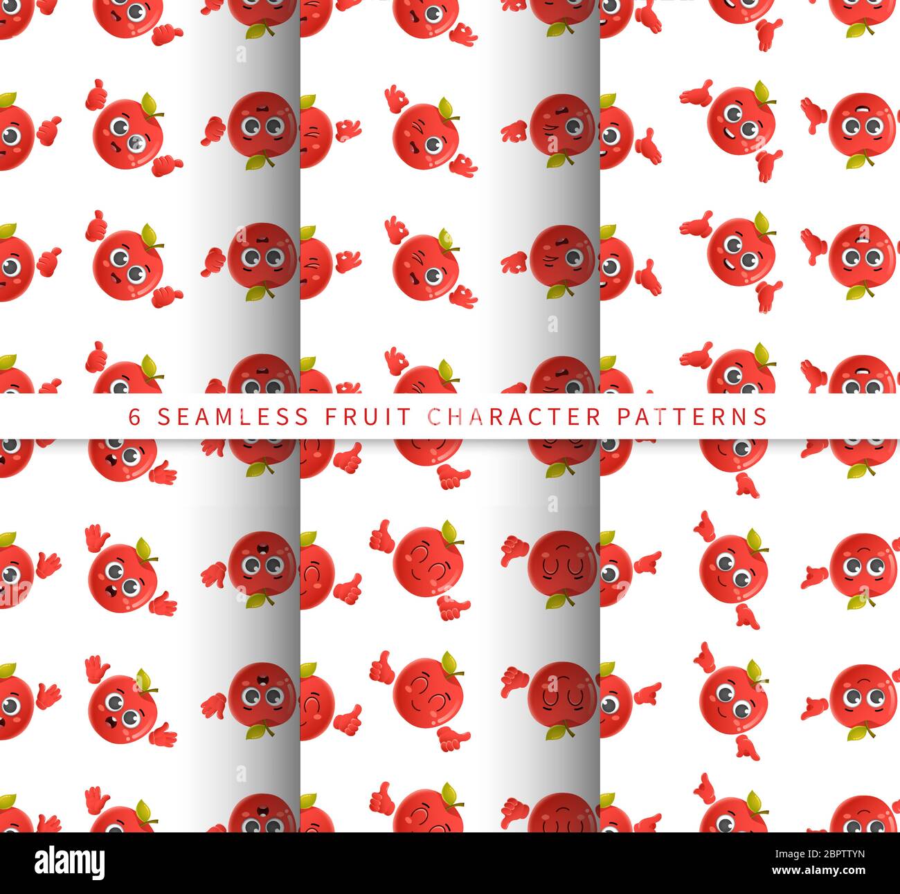 Set of vector seamless pattern with cute cartoon apple fruit characters ...