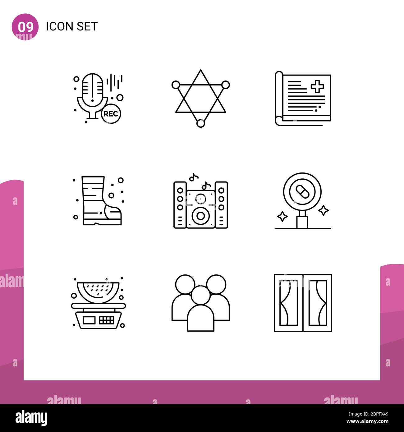 Modern Set of 9 Outlines Pictograph of speaker, music, history, safety, boots Editable Vector Design Elements Stock Vector
