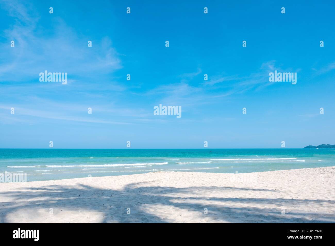 Landscape image of tropical white beach with blue sky background Stock ...
