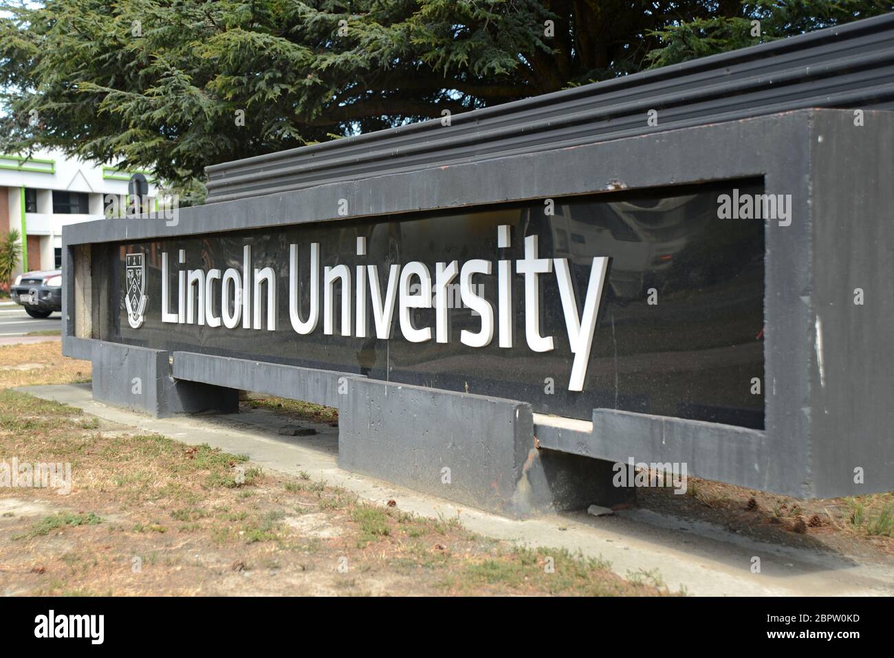 Signage for Lincoln University, an agricultural university in Canterbury, South Island, New Zealand Stock Photo