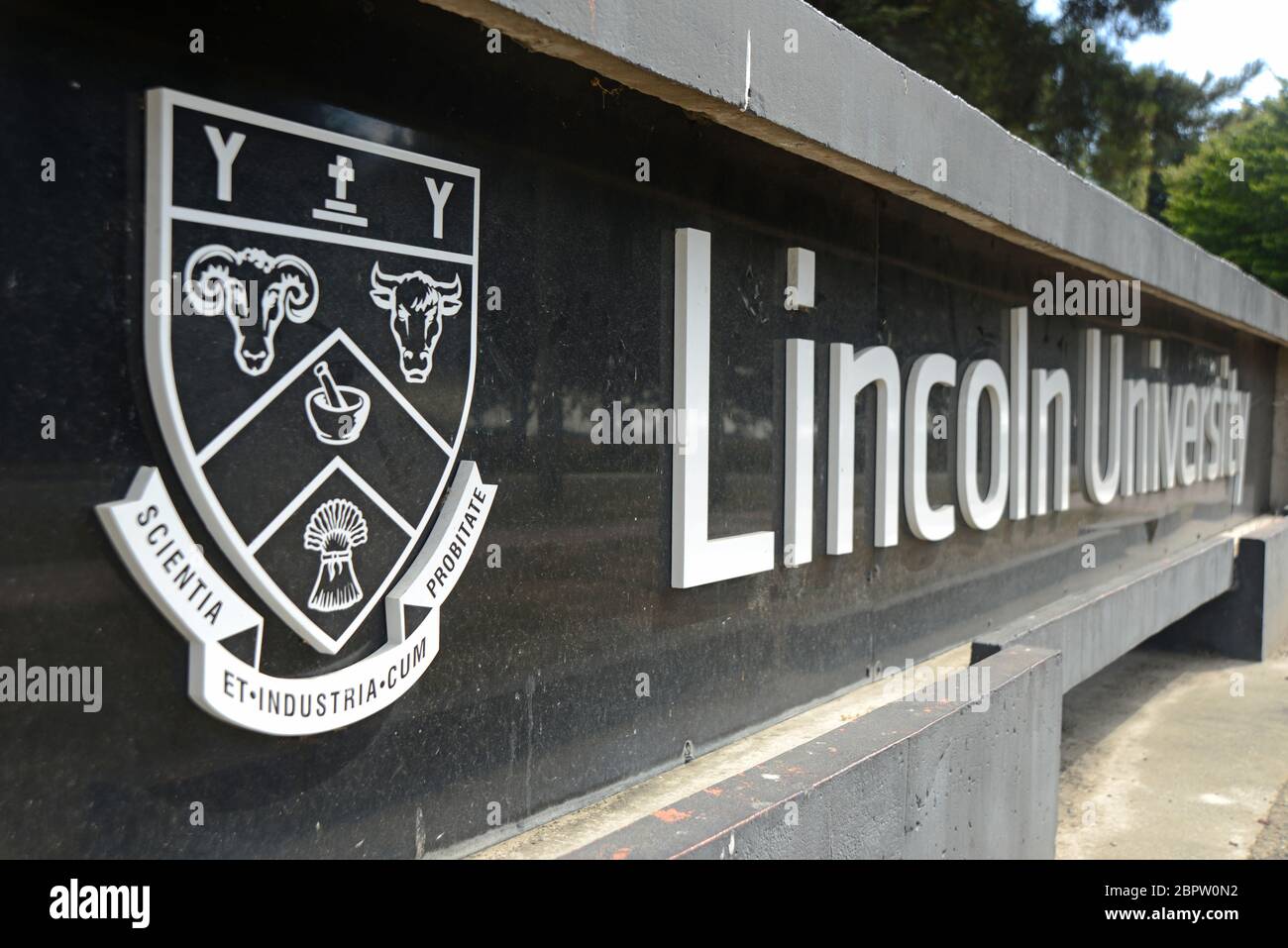 Signage for Lincoln University, an agricultural university in Canterbury, South Island, New Zealand Stock Photo