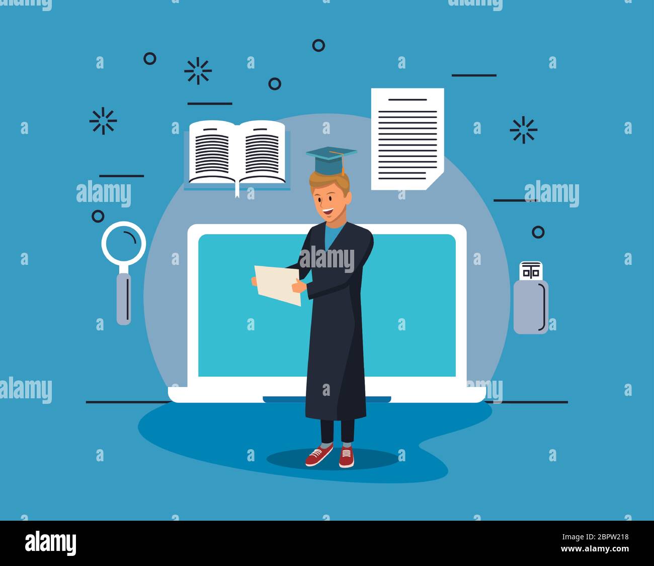 online education tech with student boy and laptop Stock Vector Image ...