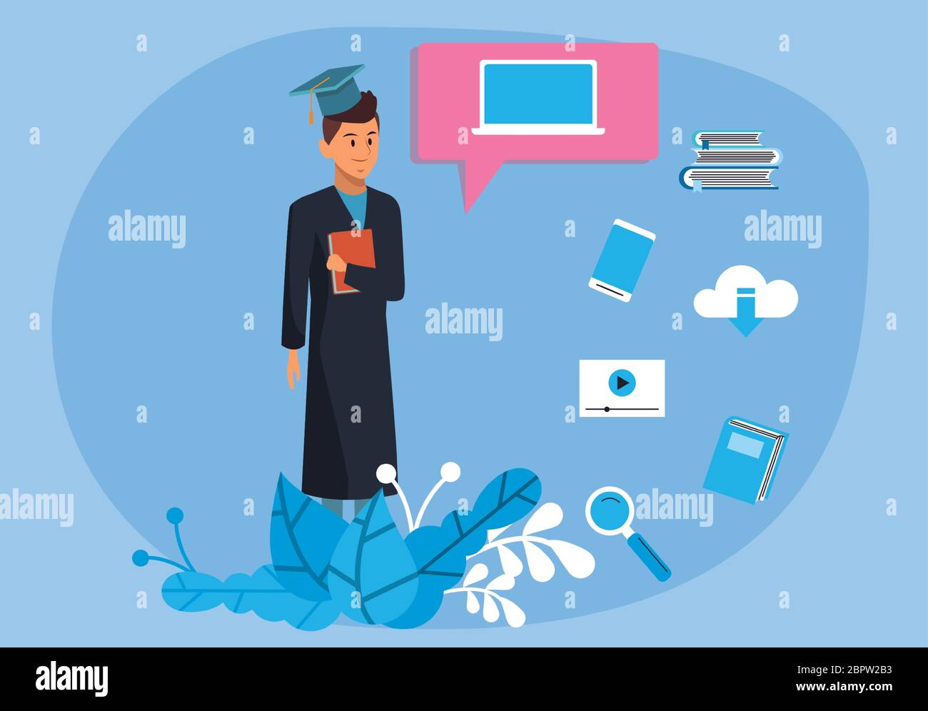 online education tech with student boy and laptop Stock Vector Image ...