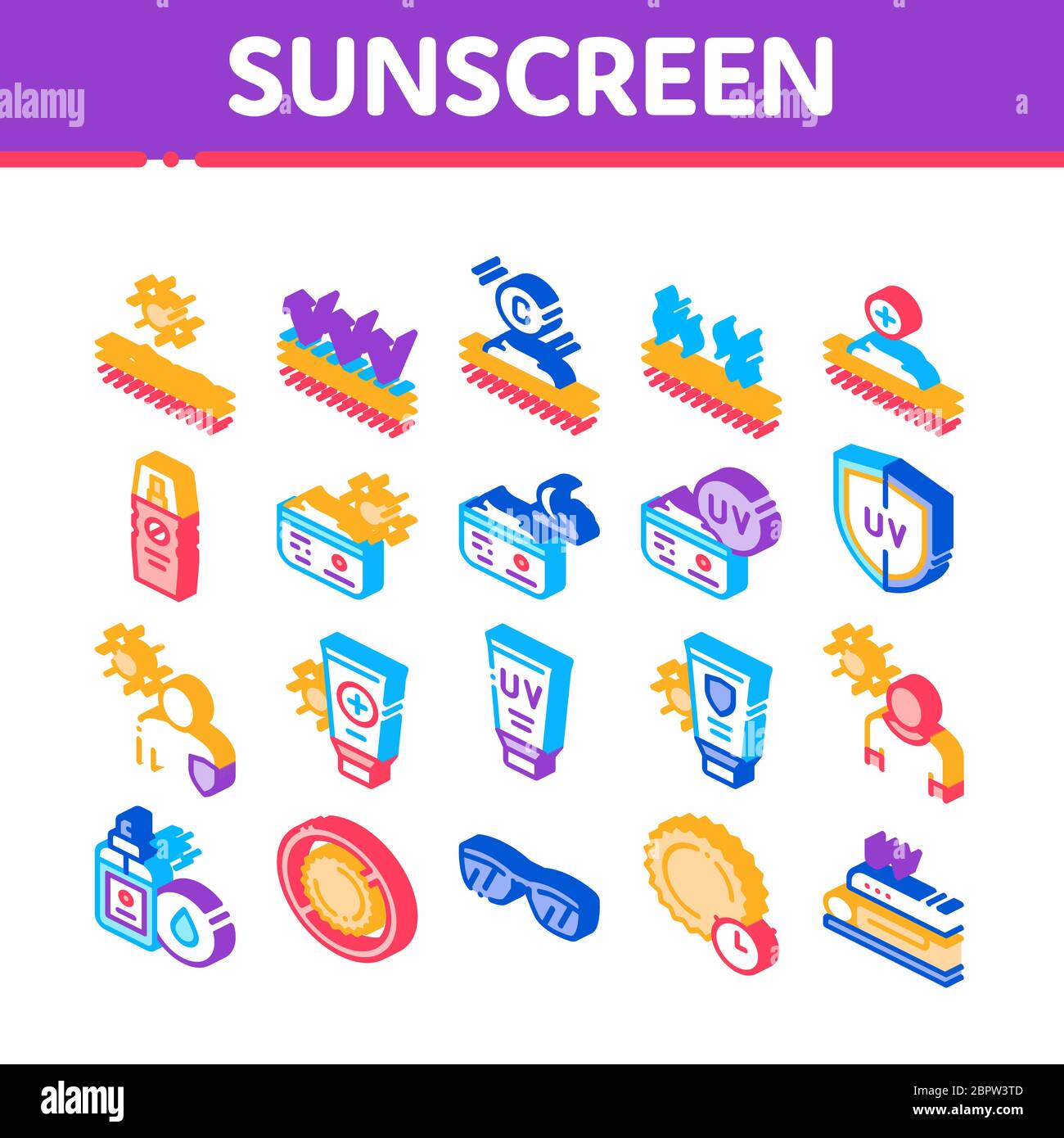 Sunscreen Isometric Elements Icons Set Vector Stock Vector