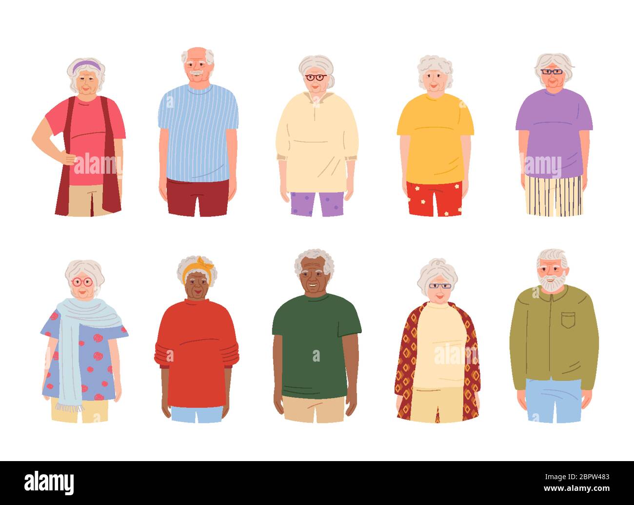 Old people, elderly group smiling, cartoon set. Grandparents different nations representatives elderly people in casual clothes. Older men, women retirement age. Isolated vector illustration Stock Vector