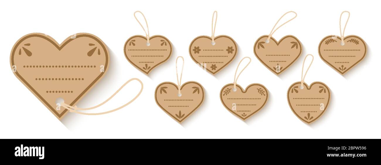 Brown paper price gift box tag with cord flat set. Heart ...