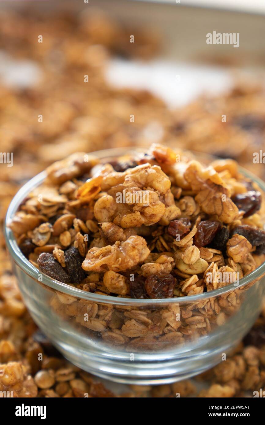 Granola cereal with oats, pumpkin seeds, walnuts, and raisins Stock Photo Alamy