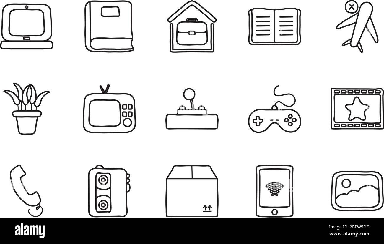 laptop computer and quarentine icon set over white background, line ...