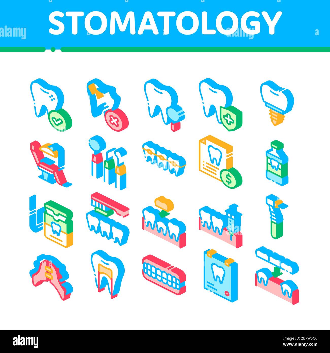 Stomatology Collection Vector Isometric Icons Set Stock Vector