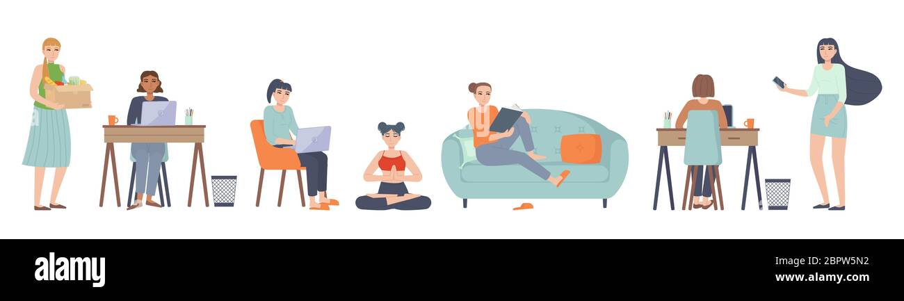 leisure activities character set. Sitting on sofa,couch with laptop, reading, learning, working at home, meditation. Home, indoor hobby and lifestyle Stock Vector