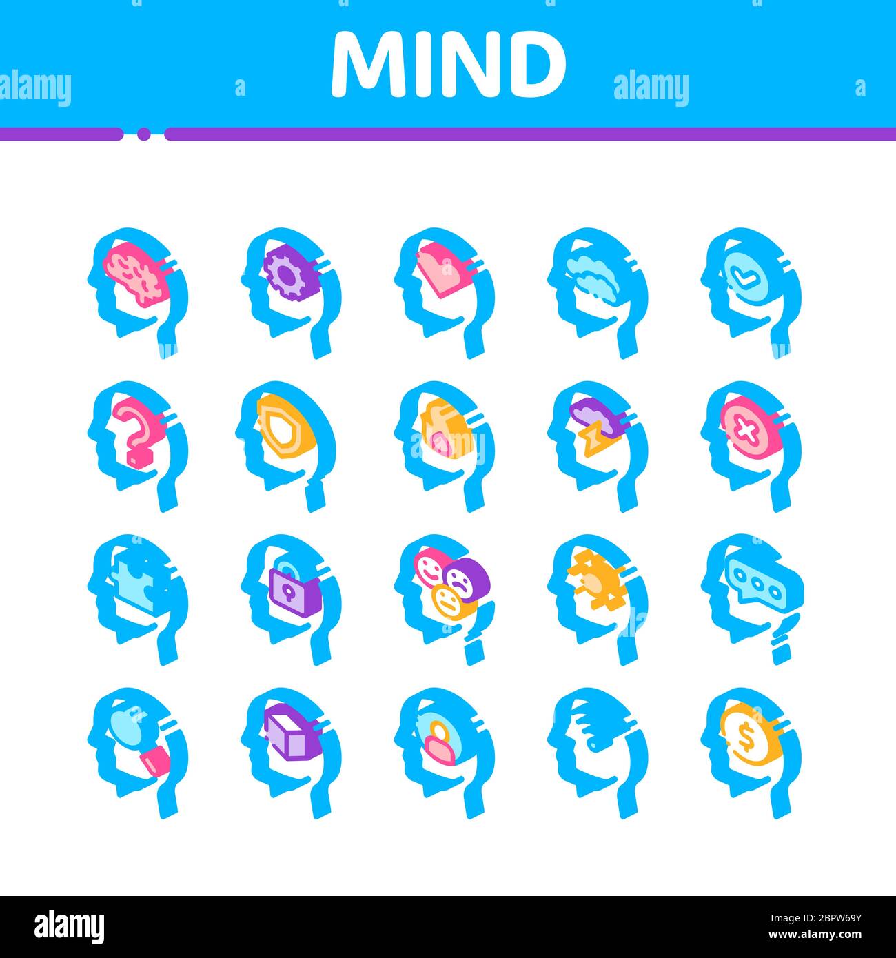 Mind Isometric Elements Signs Vector Icons Set Stock Vector