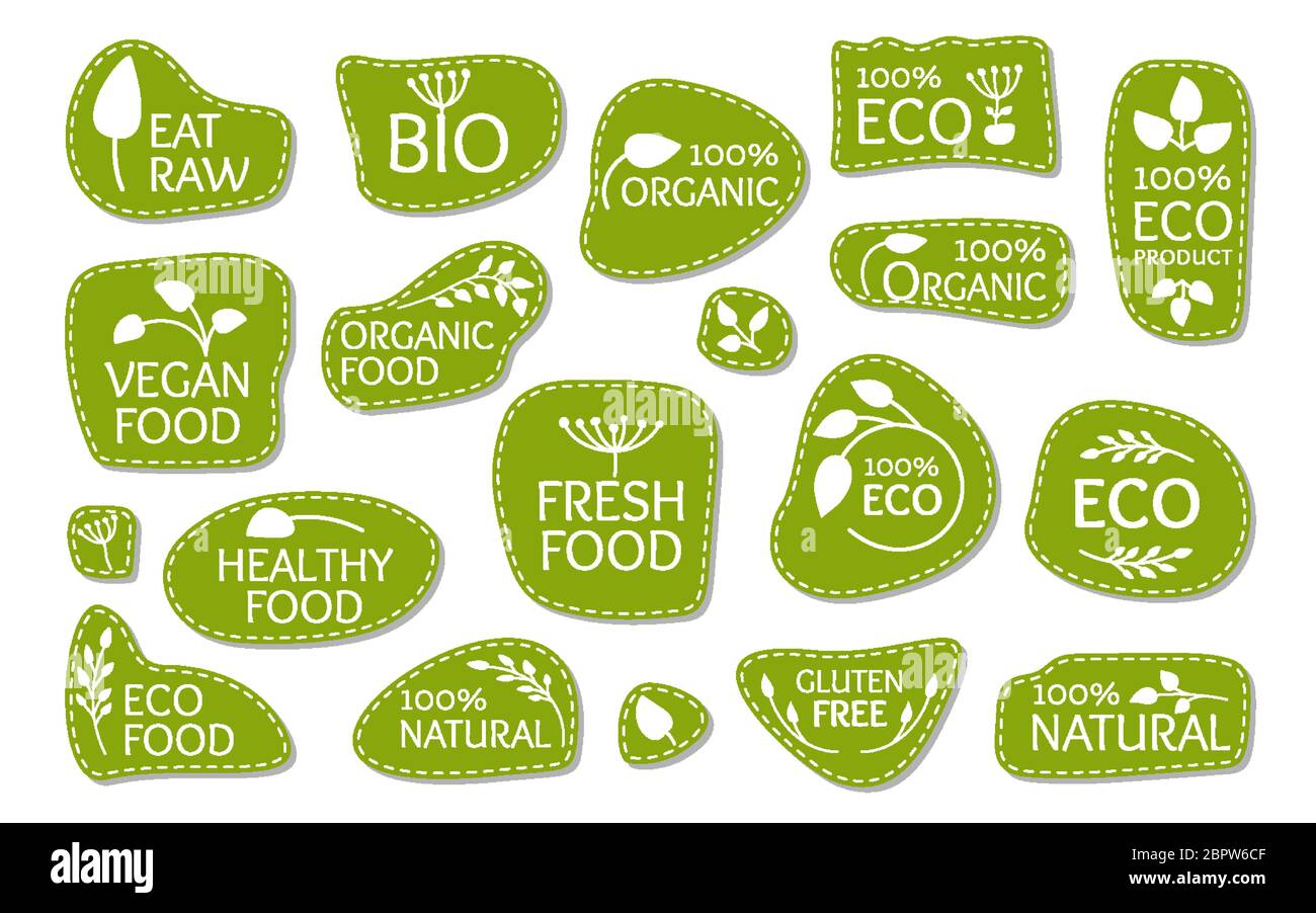 Eco green logo label with leaves. Emblem for organic natural product, bio, gluten free, eat raw. Patch sign for vegan fresh, healthy food. Sticker for badge, tag packaging Isolated vector illustration Stock Vector