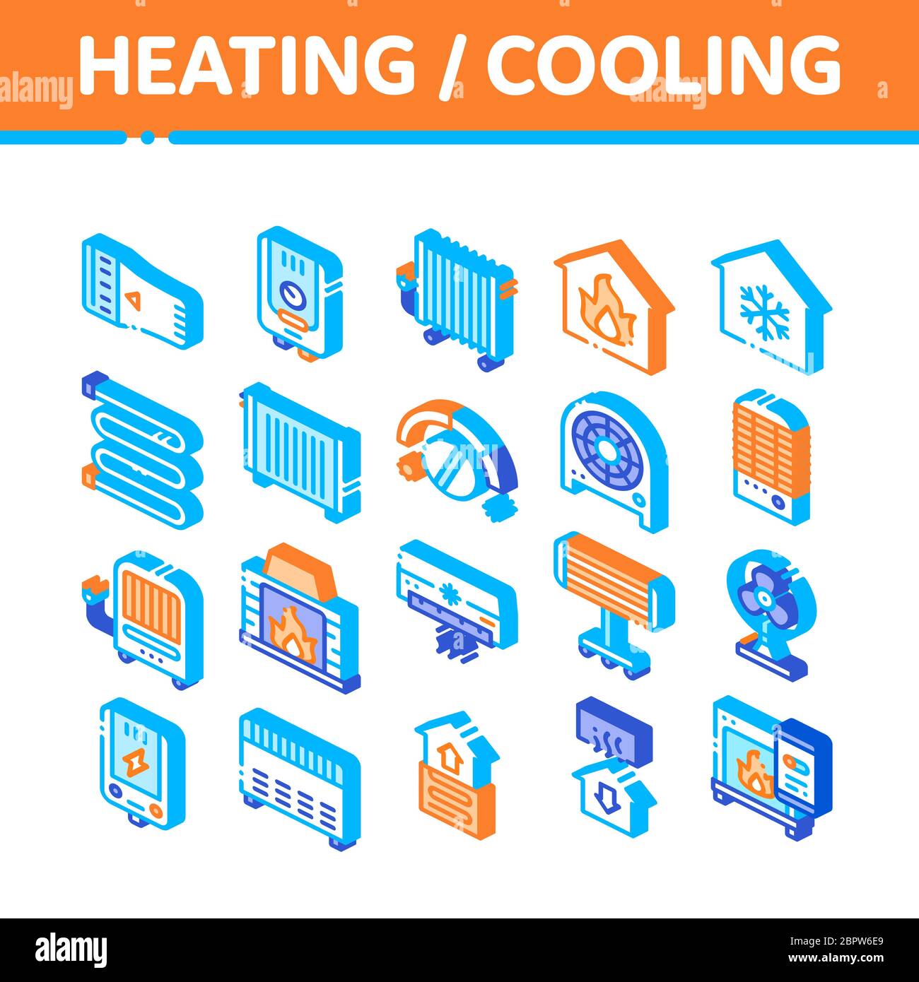 Heating And Cooling Isometric Vector Icons Set Stock Vector