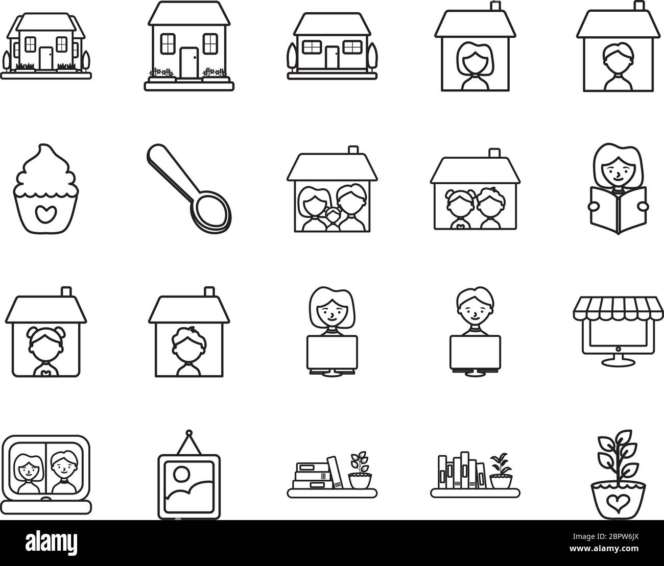 house and Stay home icon set over white background, line style, vector ...