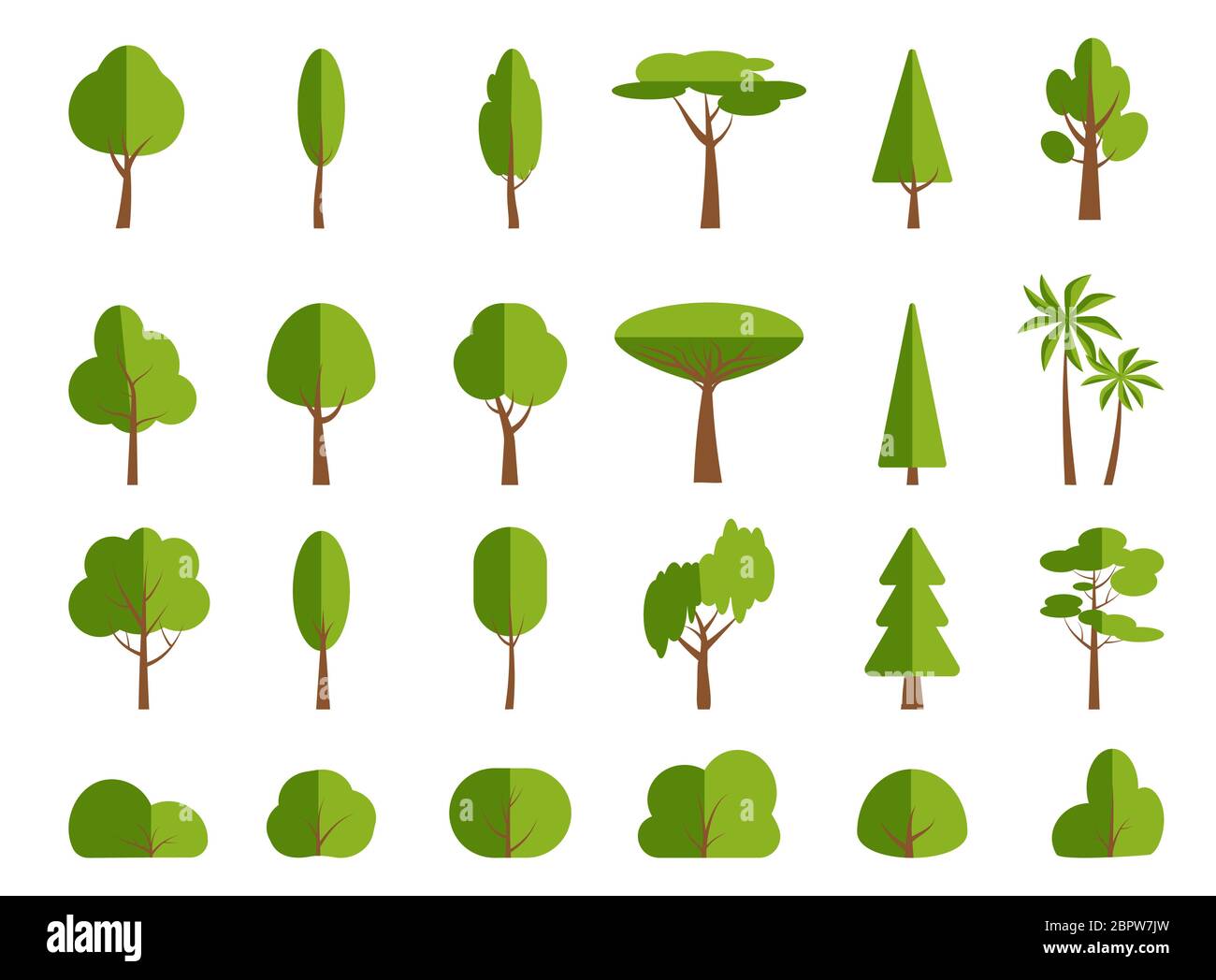 Green flat tree and bush, cartoon icon set. Different shape spring forest, park, garden, birch, fir, palm, symbol. Summer season eco organic plant, simple sign. Isolated on white vector illustration Stock Vector