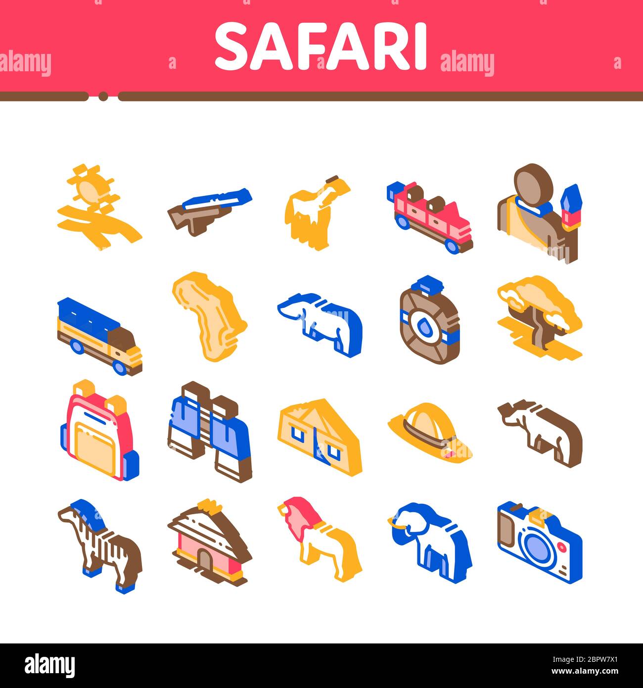 Safari Travel Isometric Elements Icons Set Vector Stock Vector