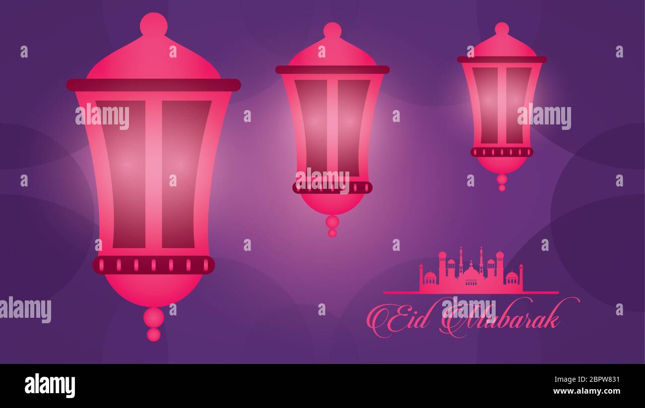 Eid Mubarak Celebration Card With Lanterns Hanging Stock Vector Image