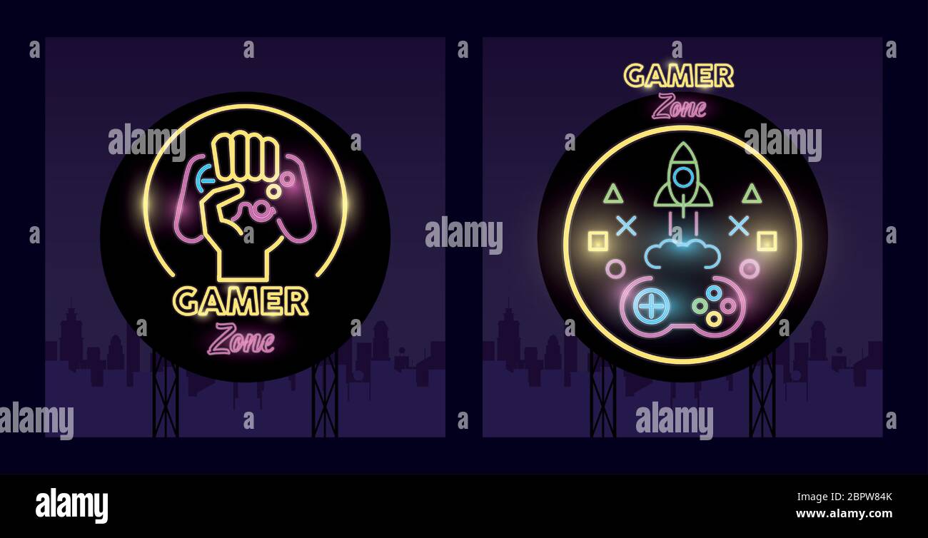 retro video game neon with rocket and control Stock Vector Image & Art ...