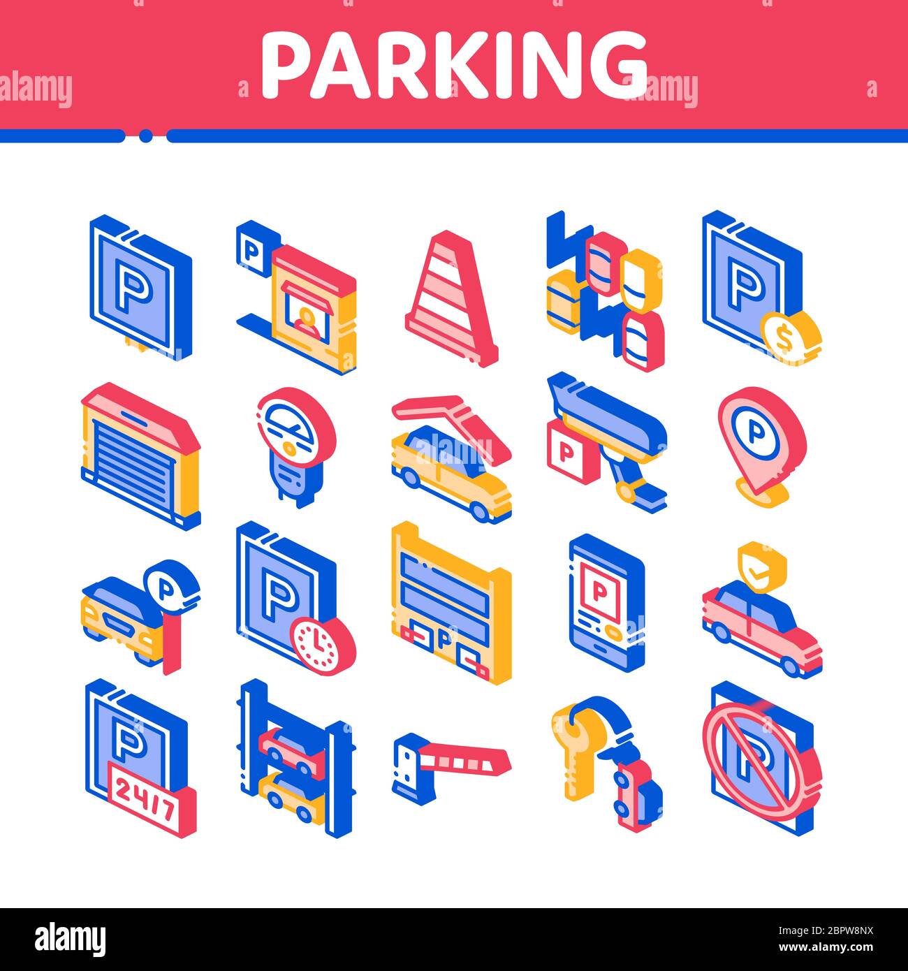 Parking Car Isometric Elements Icons Set Vector Stock Vector