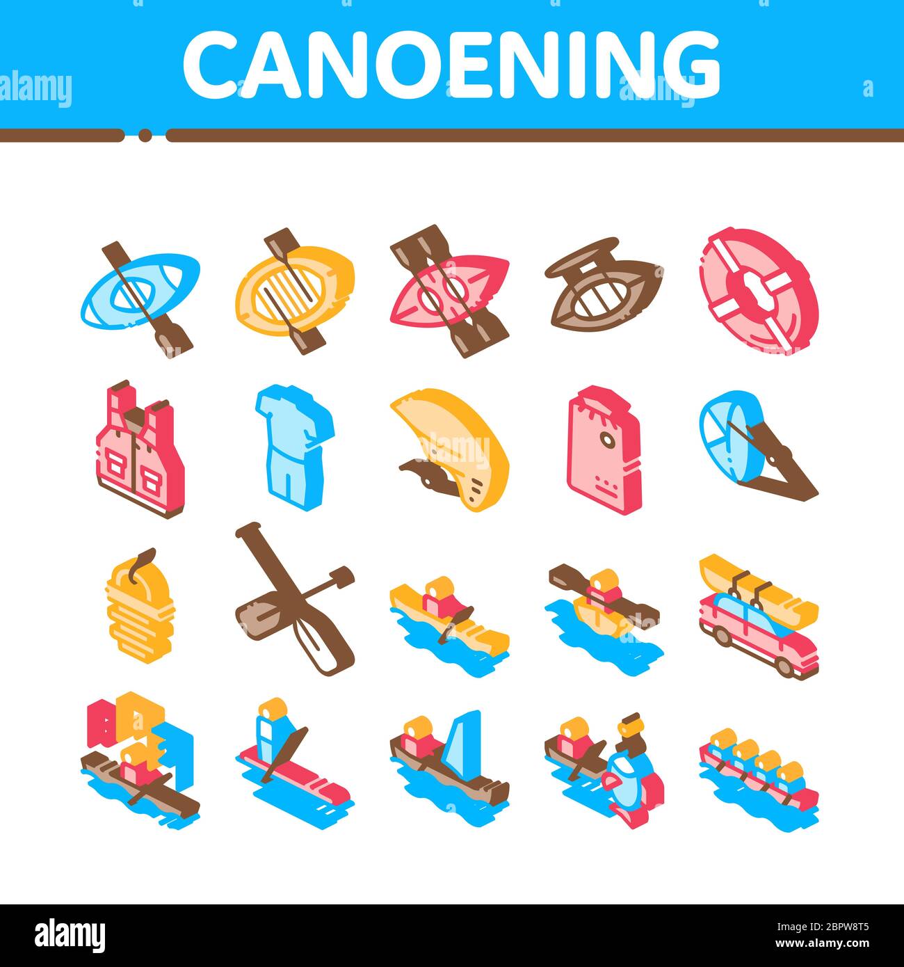Canoeing Isometric Elements Icons Set Vector Stock Vector