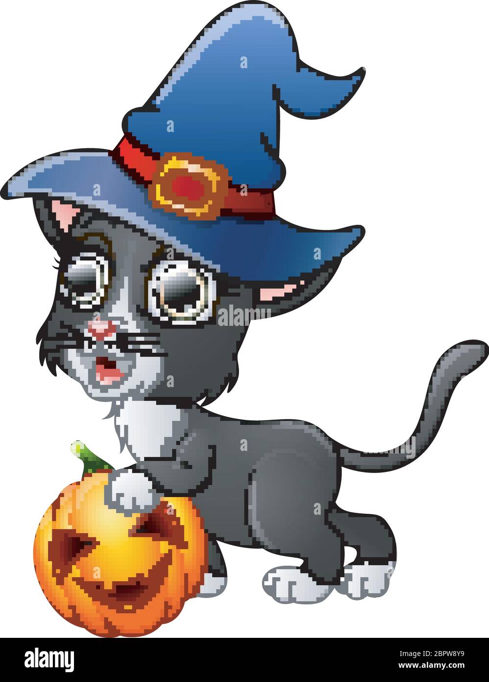 Cat cartoon with a witch hat holding pumpkin Stock Vector Image & Art ...