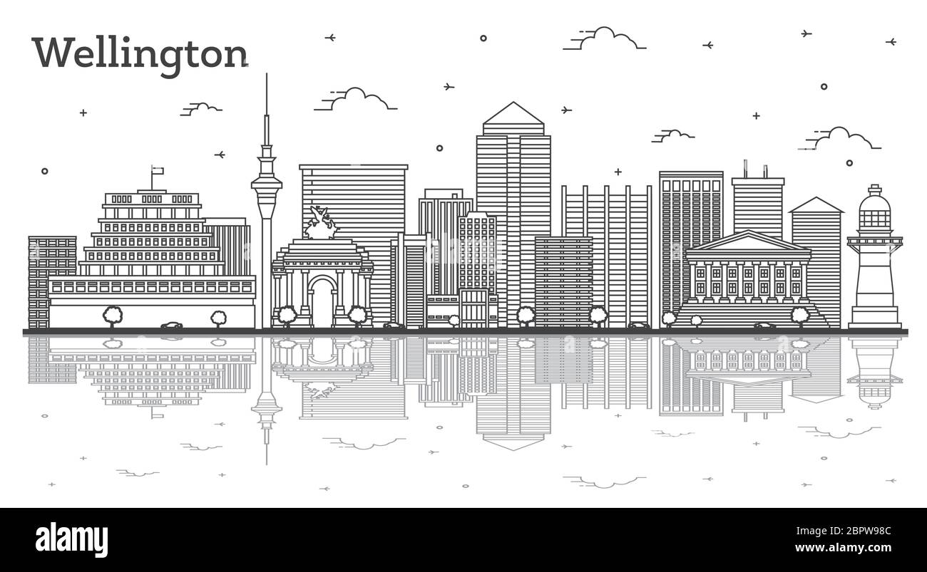 Outline Wellington New Zealand City Skyline with Modern Buildings and Reflections Isolated on White. Vector illustration. Stock Vector