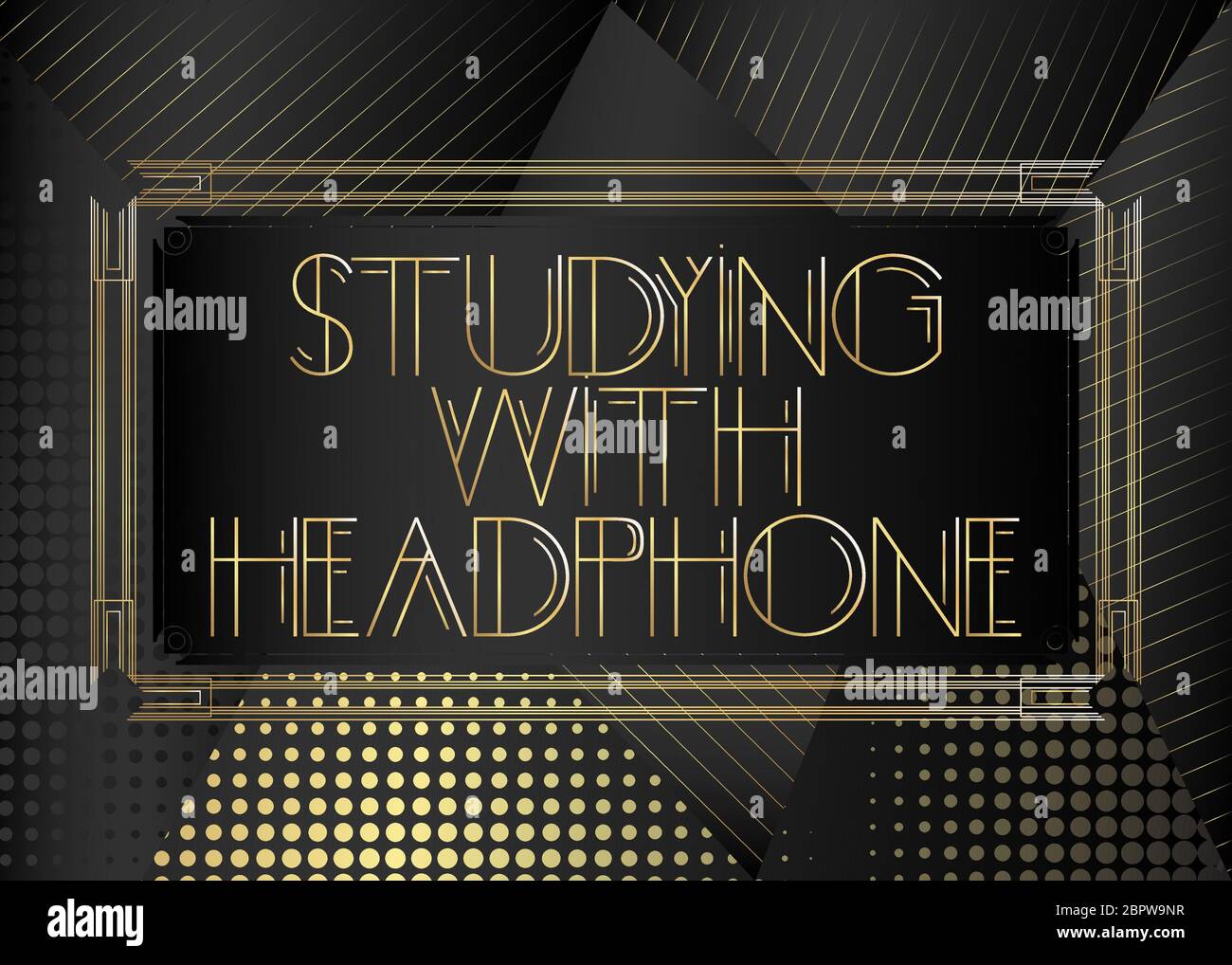Art Deco Studying with Headphone text. Decorative greeting card, sign with vintage letters Stock