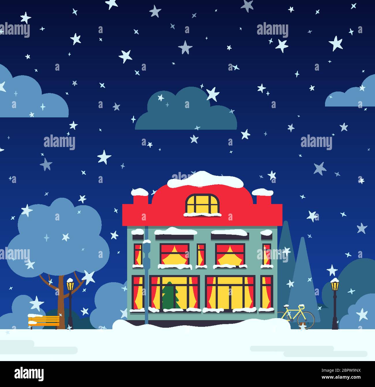Winter night street with house, snow trees, bush, clouds, lantern flat cartoon congratulation card. Merry Christmas and Happy New Year holiday banner. Suburban landscape Decorative vector illustration Stock Vector