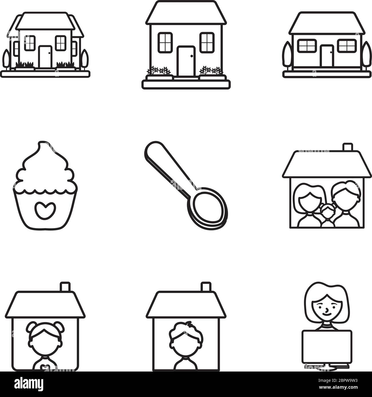 People In Home And Stay At Home Icon Set Over White Background Line Style Vector Illustration Stock Vector Image Art Alamy