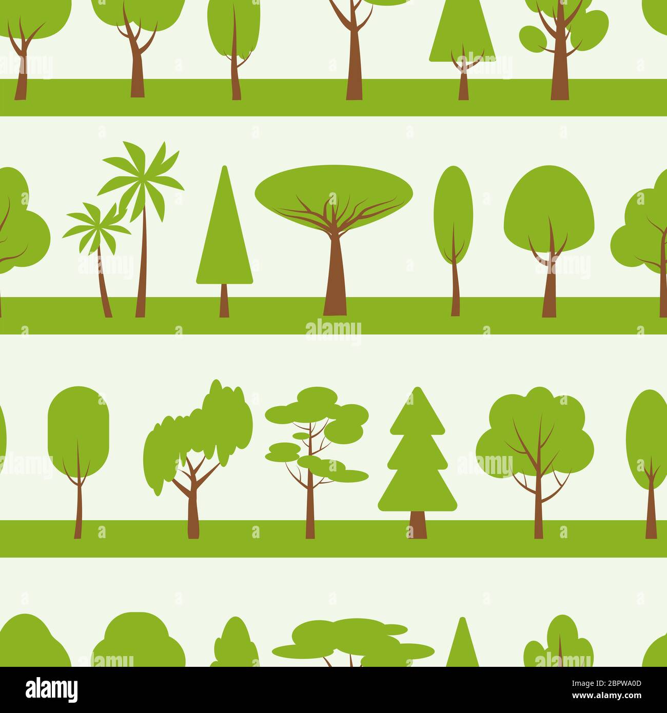 Green tree seamless pattern. Various forest line limitless background. Flat cartoon ecology nature sign. Repeat ornament for decorative paper wrap, fabric, print, wallpaper decor. Vector illustration Stock Vector