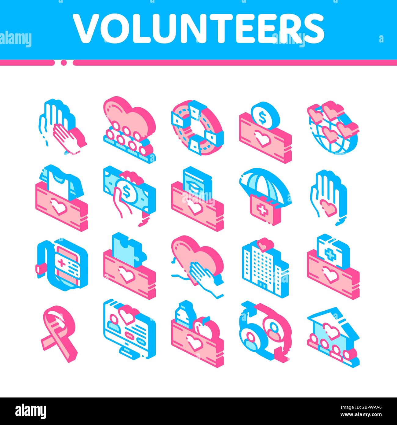 Volunteers Support Vector Isometric Icons Set Stock Vector