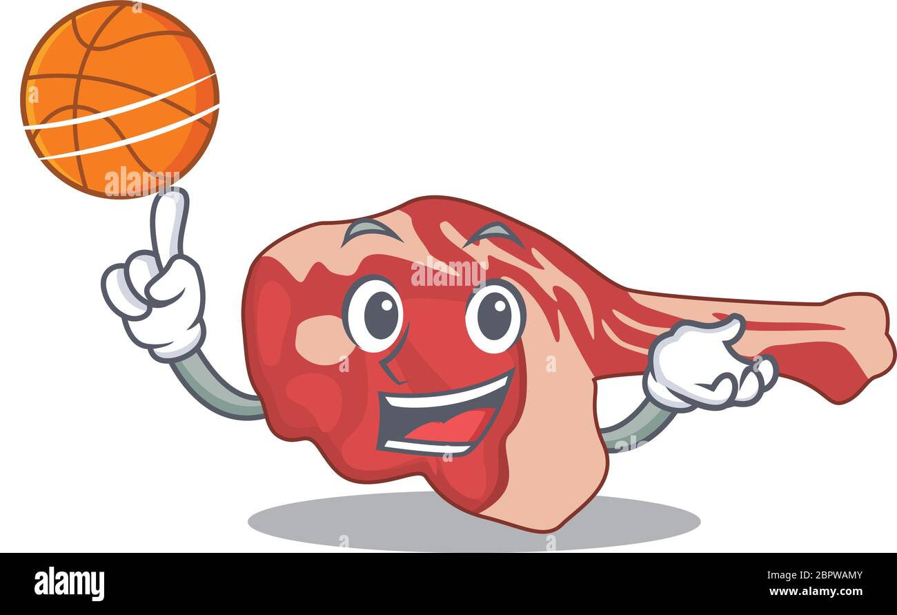 Sporty cartoon mascot design of leg of lamb with basketball Stock Vector