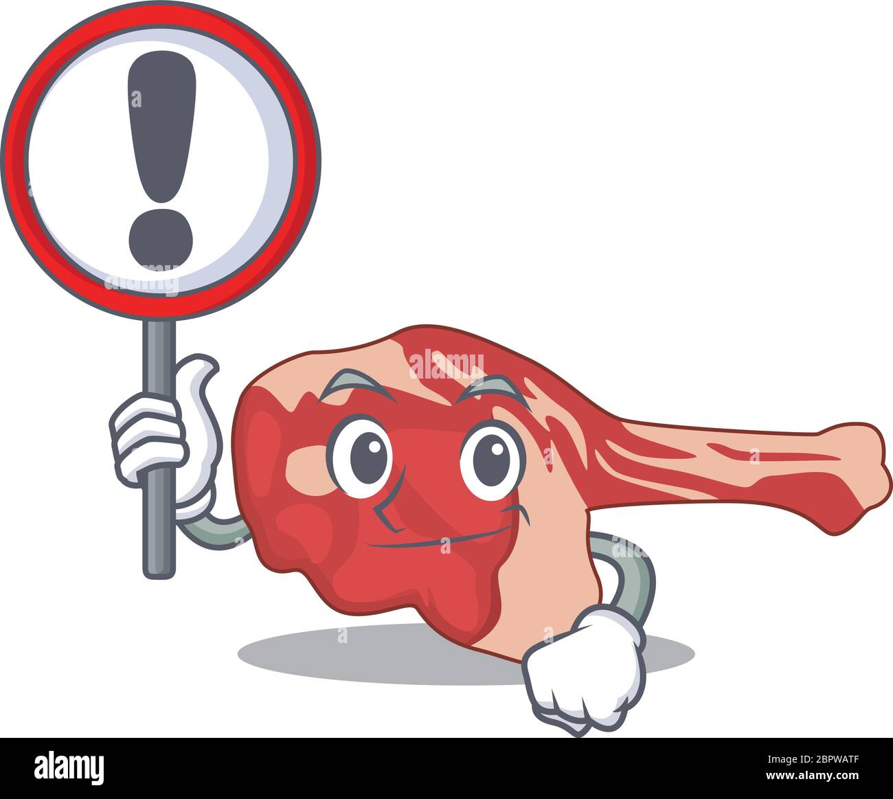 A cartoon icon of leg of lamb with a exclamation sign board Stock Vector