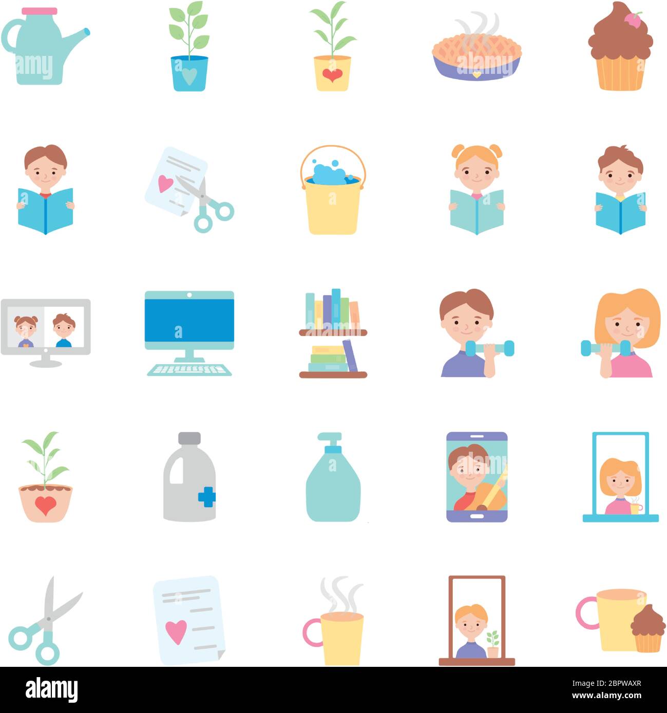 cupcake and stay at home icon set over white background, flat style, vector illustration Stock Vector