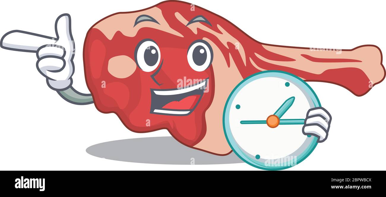 mascot design style of leg of lamb standing with holding a clock Stock Vector