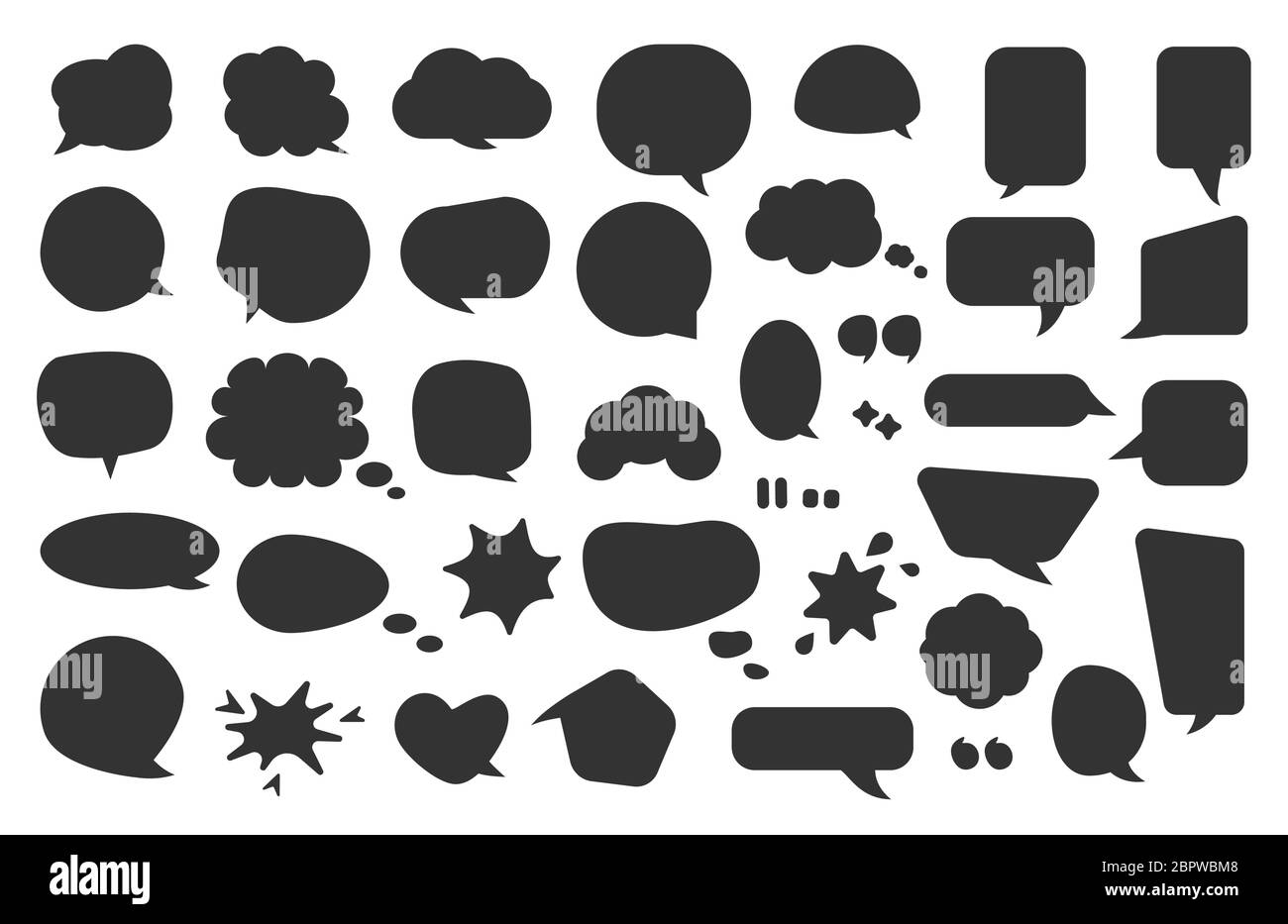 Comic speech bubble black set. Glyph silhouette empty text banner different shape. Abstract icon blank bubbles. Comics graphic balloon template for design message Isolated on white vector illustration Stock Vector