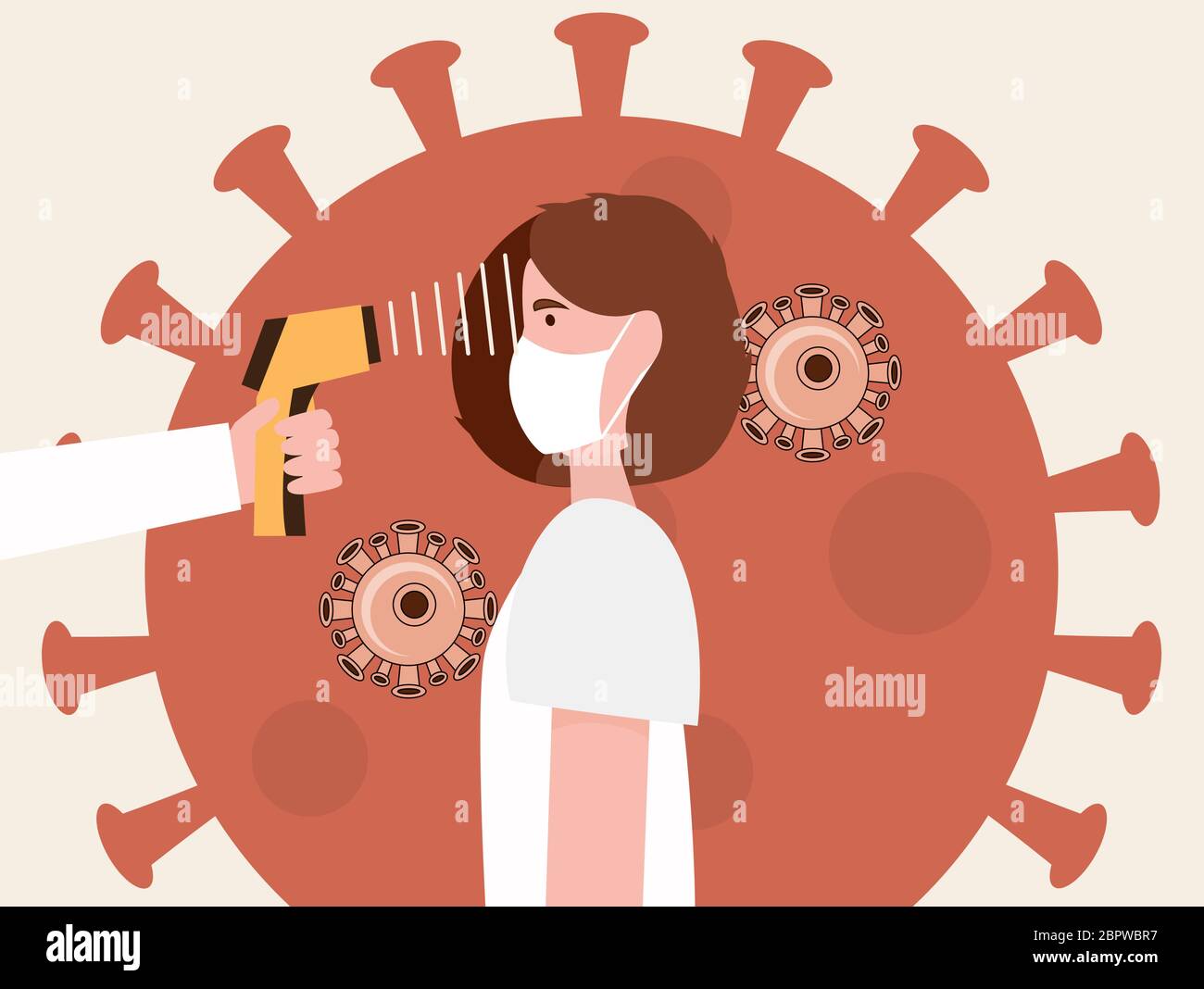 Doctor Holding Infrared Thermometer to Measure Woman's Body Temperature. COVID-19 Coronavirus Flu Patient with High Temperature. Vector Illustration. Stock Vector