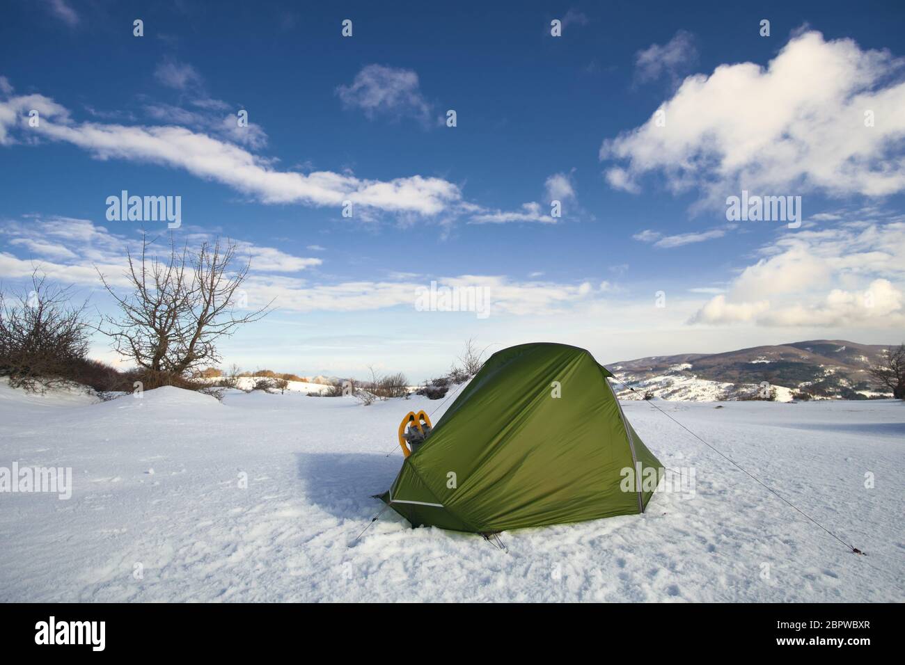 winter tent snow Nebrodi Mountains natural landmark Sicily travel adventure wild outdoor Stock Photo