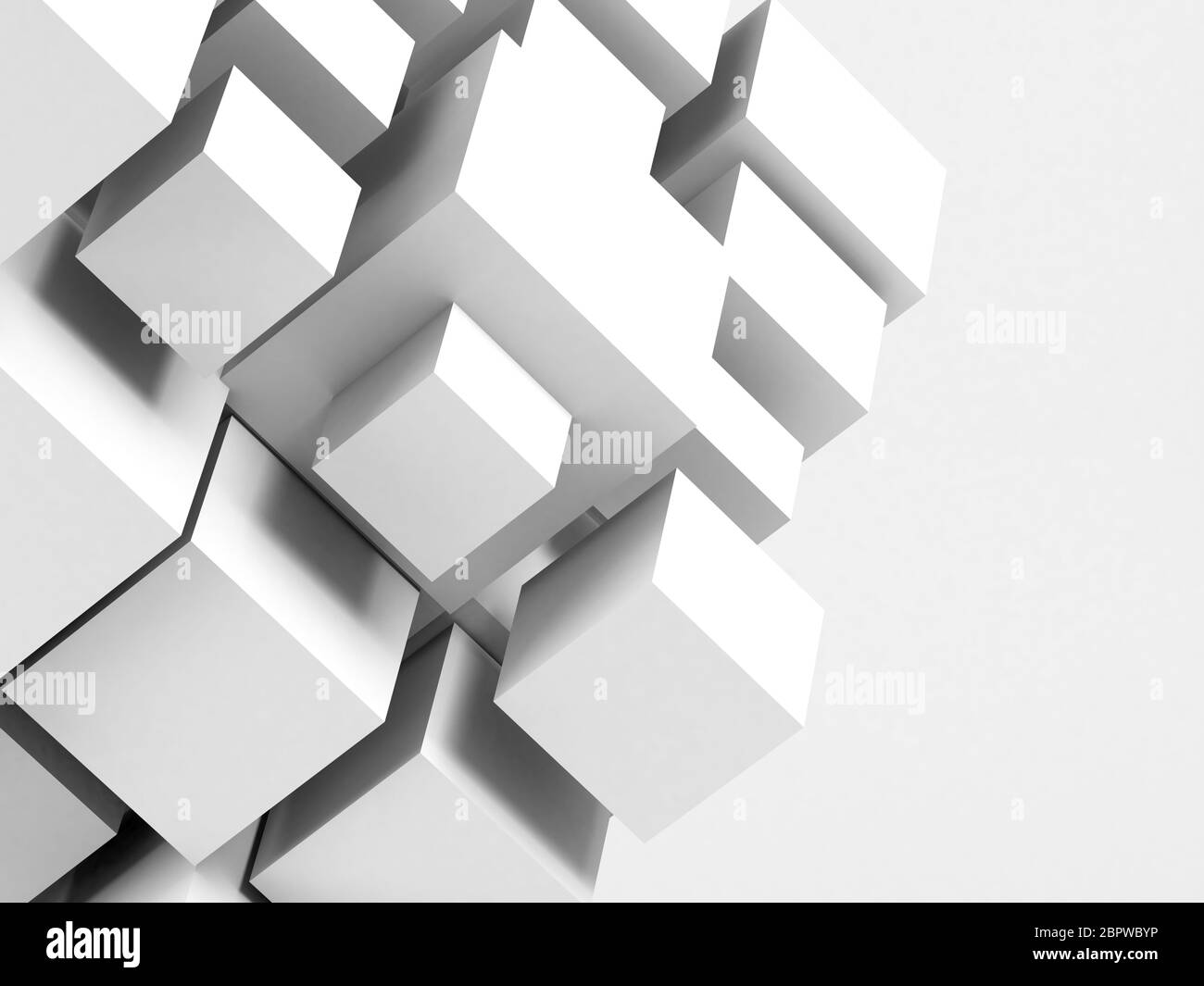 Abstract white installation of random sized cubes over light gray background. Digital cloudy data storage concept. 3d rendering illustration Stock Photo
