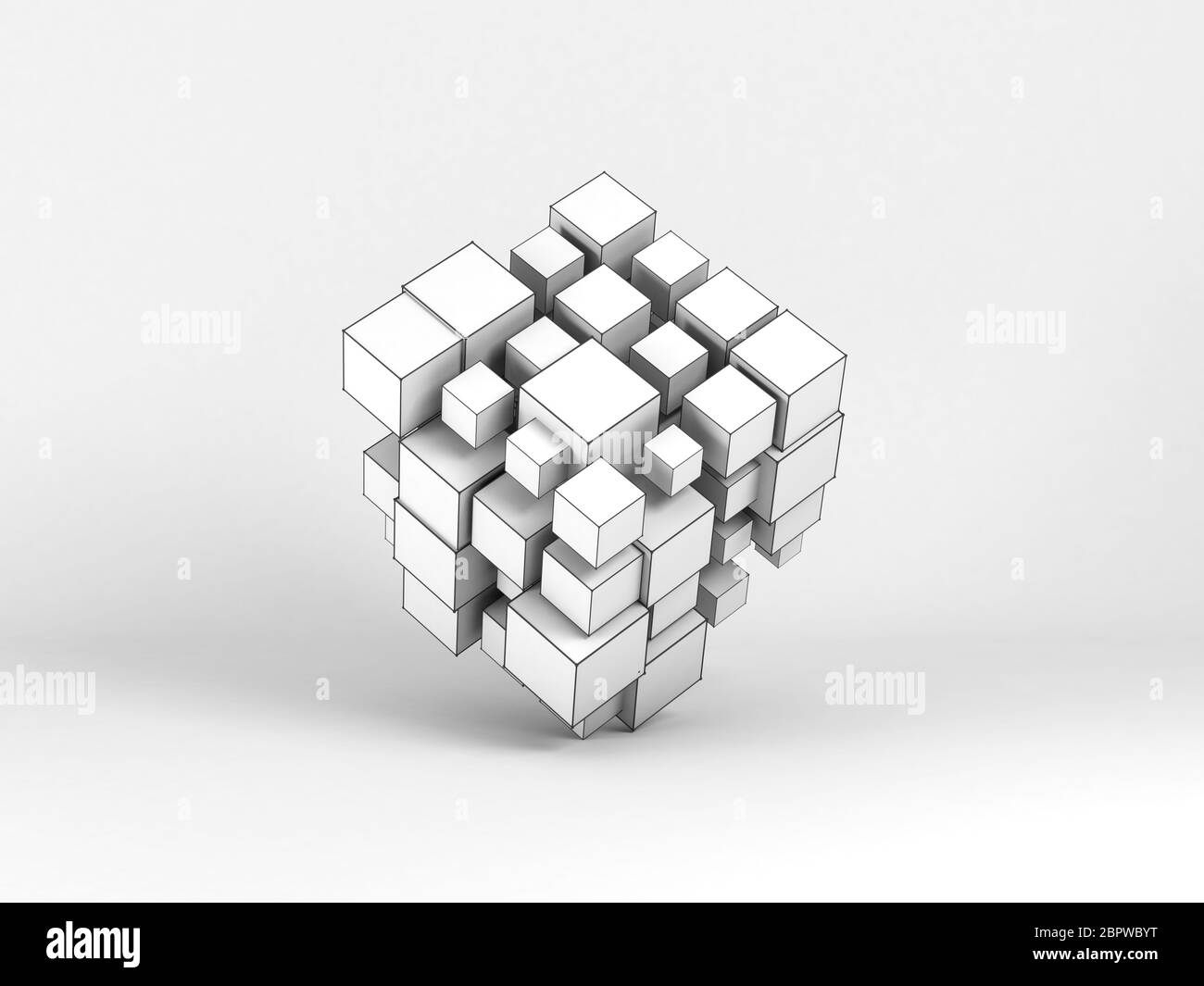 Abstract white random sized cubes array with soft shadow over light gray background. Digital cloudy data storage concept. 3d rendering illustration Stock Photo