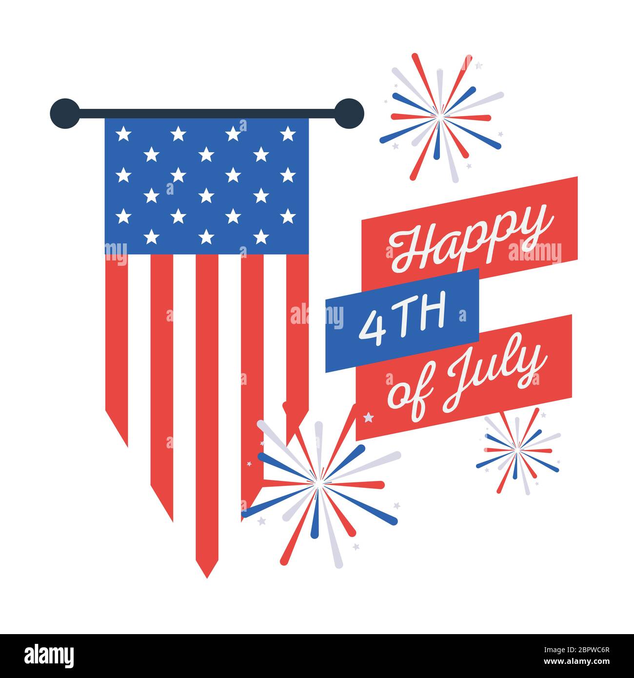 Fireworks with banner flag design, Independence day happy 4th july and