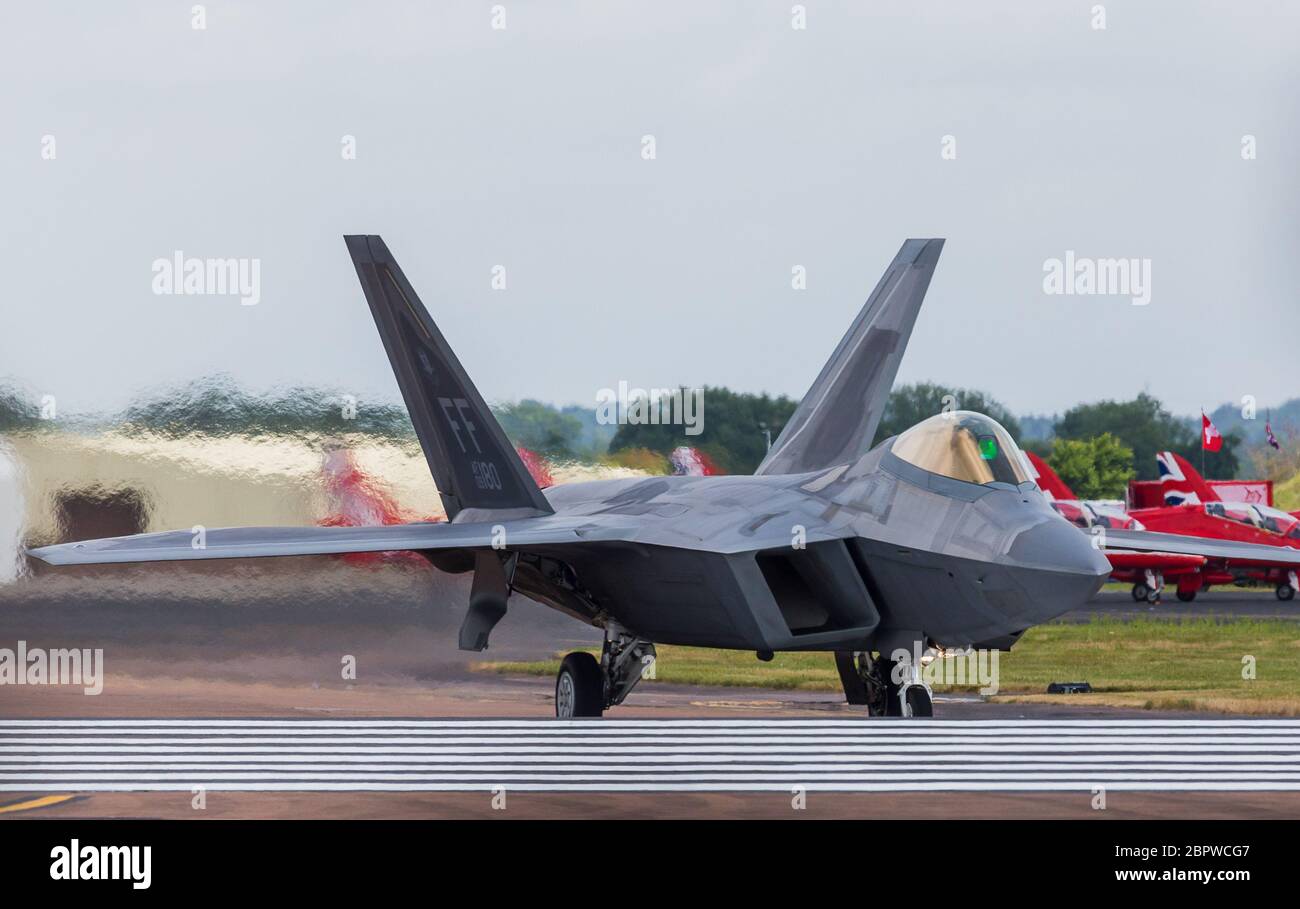 F-22a Raptor of the US Air Force taxis out onto the runway at RAF Fairford in July 2017. Stock Photo