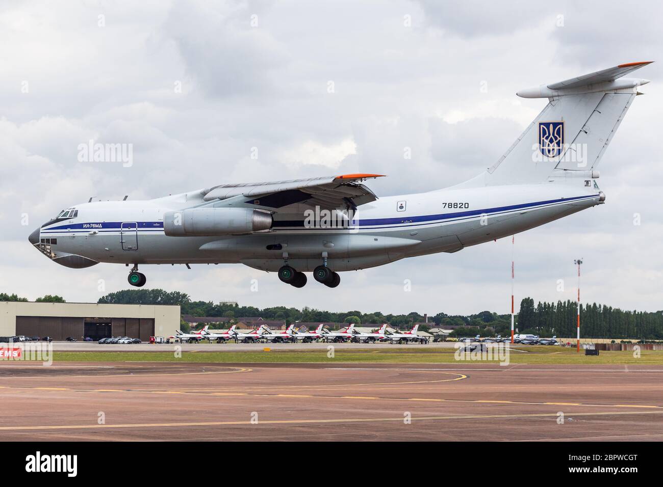 Ukrainian Air Force Ilyushin Il-76 landing at RAF Fairford in England during July 2017. Stock Photo