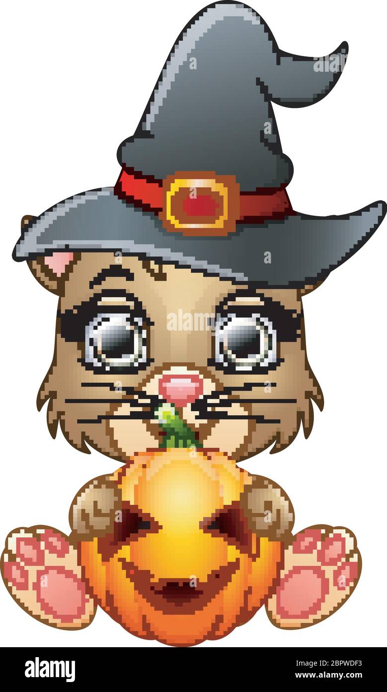 Cat cartoon with a witch hat holding pumpkin Stock Vector Image & Art ...