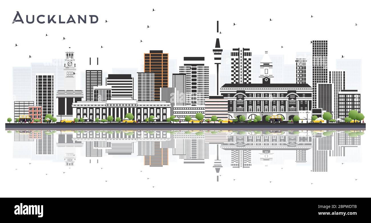 Auckland New Zealand City Skyline with Gray Buildings and Reflections Isolated on White. Vector Illustration. Tourism Concept with Modern Buildings. Stock Vector