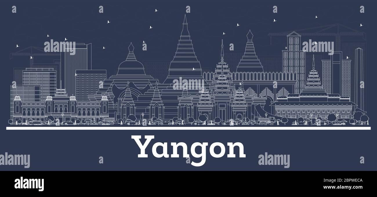 Outline Yangon Myanmar City Skyline with White Buildings. Vector Illustration. Business Travel and Tourism Concept with Modern Architecture. Stock Vector