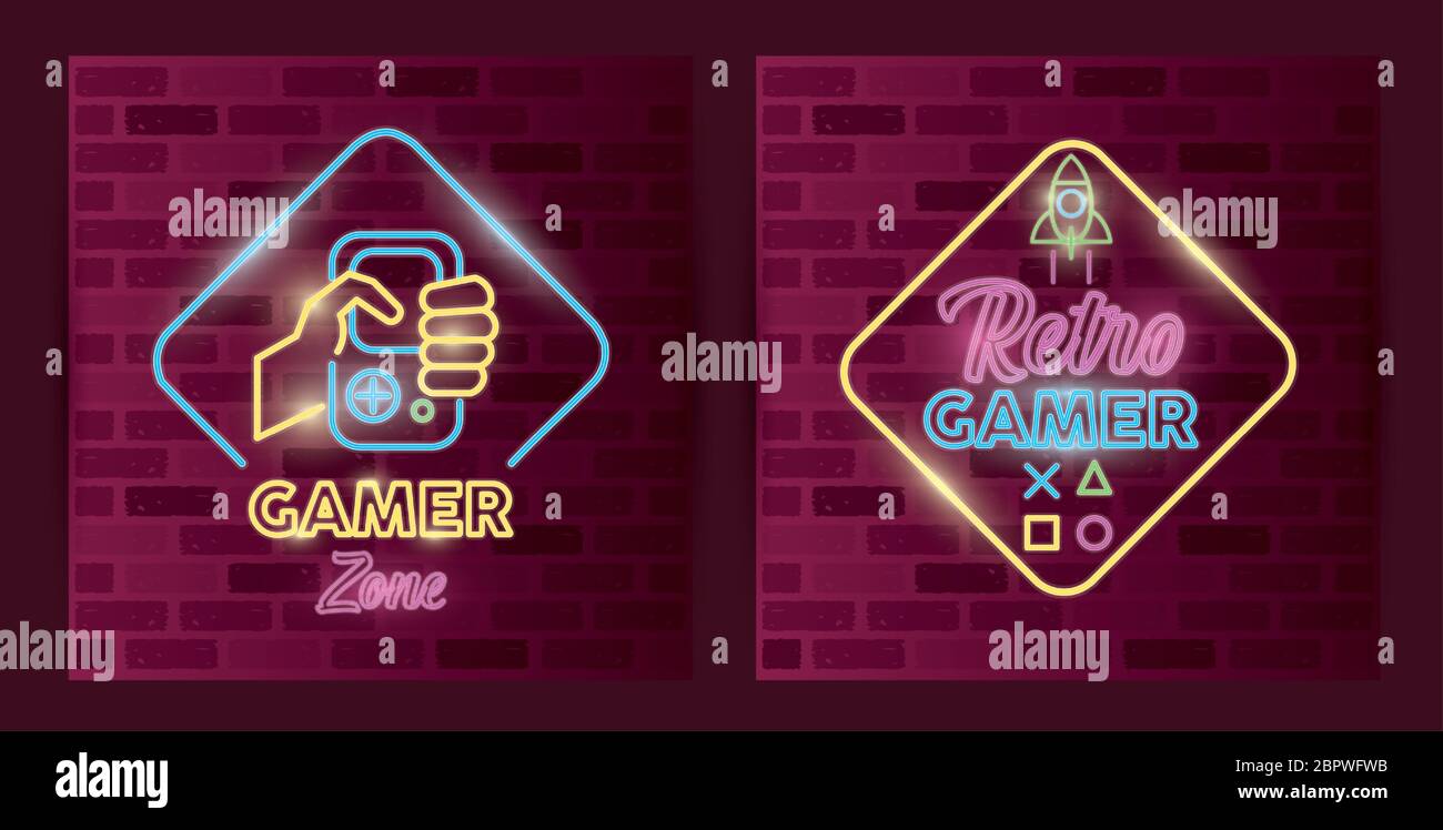 retro video game neon with rocket and console Stock Vector Image & Art ...